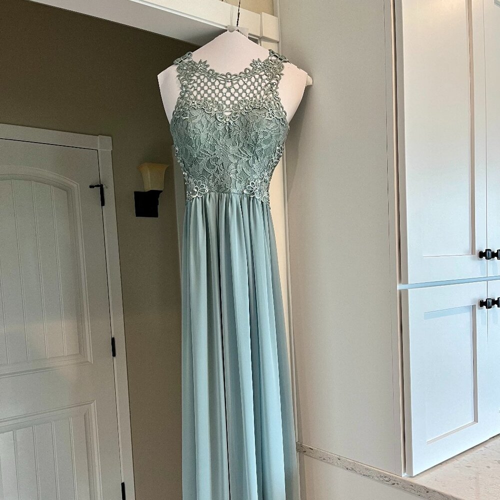 Sage Green Floor Length Formal/Prom Dress with Crochet, Lace, and Rhinestones